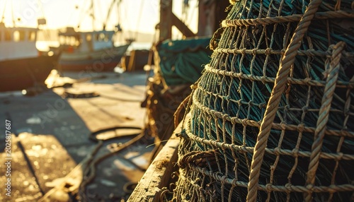 Pile of fishing net ropes on wooden dock at sunrise with boats in background