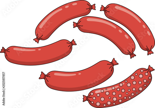 Foto Fresh butcher pork sausage links and marbled salami chub with fat texture spots