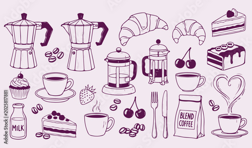 Fotografija Coffee Cafe Collection with Espresso Cup Desserts Cakes Pastries Bakery Restaura