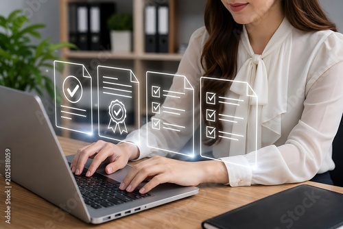 Woman works on a laptop with digital documents and checklists overlaid on the screen in front of her.