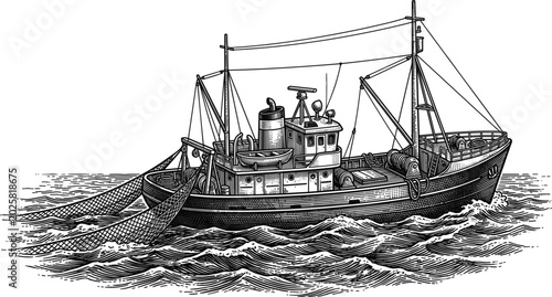 Fotografía Vintage commercial fishing boat trawler with nets in sea hand drawn sketch illus