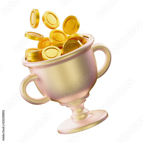 3D victory trophy cup filled with gold coins prize illustration