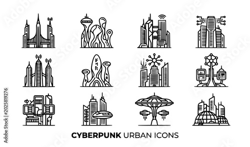 Obraz na płótnie Cyberpunk cityscape icons futuristic architecture and urban design elements