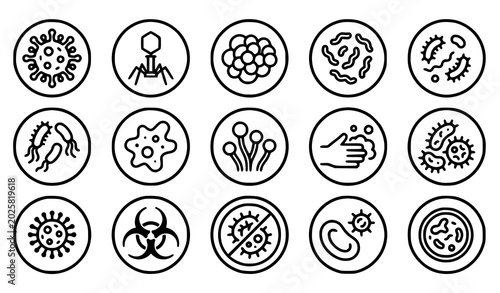 Bild auf Leinwand Microorganism icons set viruses bacteria and pathogens in linear style