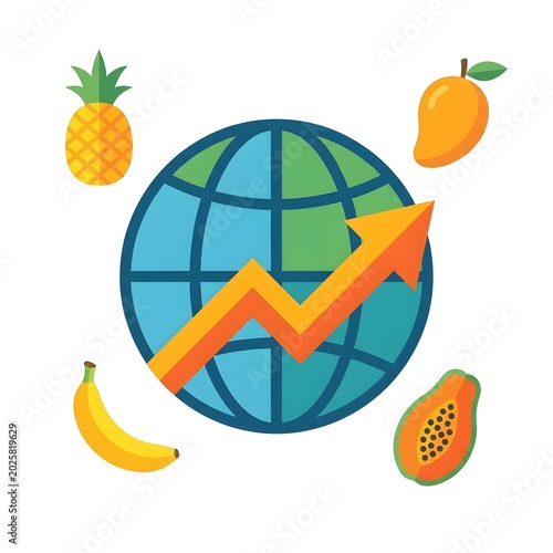 Global stock market growth concept with fruits and world map in flat design illustration