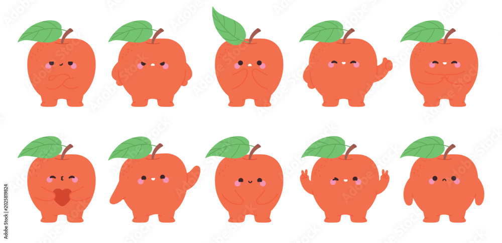 Obraz premium Funny red apples characters. Groovy apple different emotions. Fruit happy, laughing, joy, hold heart, greetings, indignant. Food mascots, stickers vector design