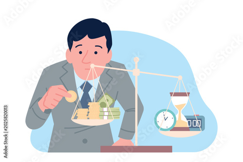 Time money balance. Giant businessman puts coin on scale to balance it. Find trade-off, financial wellbeing and rewards. Working lifestyle, recent vector scene