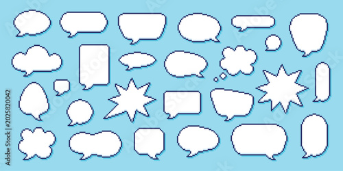 Pixel speech bubbles. Different pixel art message frames. Pixelated bubble for dialogue and conversation. Retro game design, y2k style tidy vector set