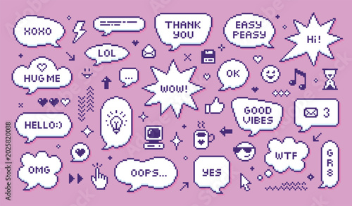 Pixel art message bubbles. Funny pixel icons for messaging, 8-bit 16-bit speech bubble. Retro style y2k design elements, dialogue, conversation, tidy vector set
