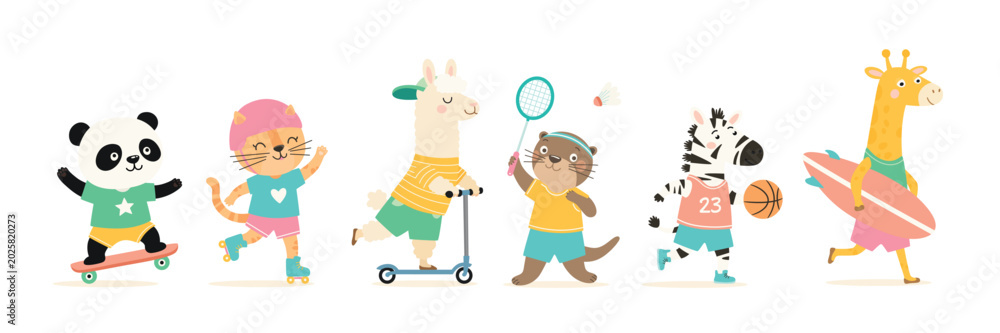 Fototapeta premium Cute Animal Sports Set Vector Illustration. Panda on Skateboard, Cat on Roller Skates, Llama on Scooter, Otter Playing Badminton, Zebra With Basketball and Giraffe With Surfboard