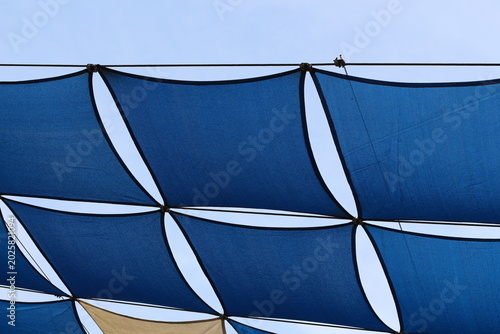 Modern blue shade sails creating geometric patterns against a clear sky