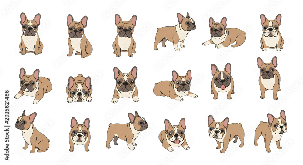 Fototapeta premium Cute French Bulldog Collection in Various Poses Flat Cartoon Style Vector Illustration Set