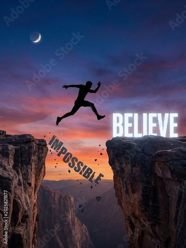 Silhouette of Man Jumping Over Chasm From Impossible to Glowing Believe Text at Sunset