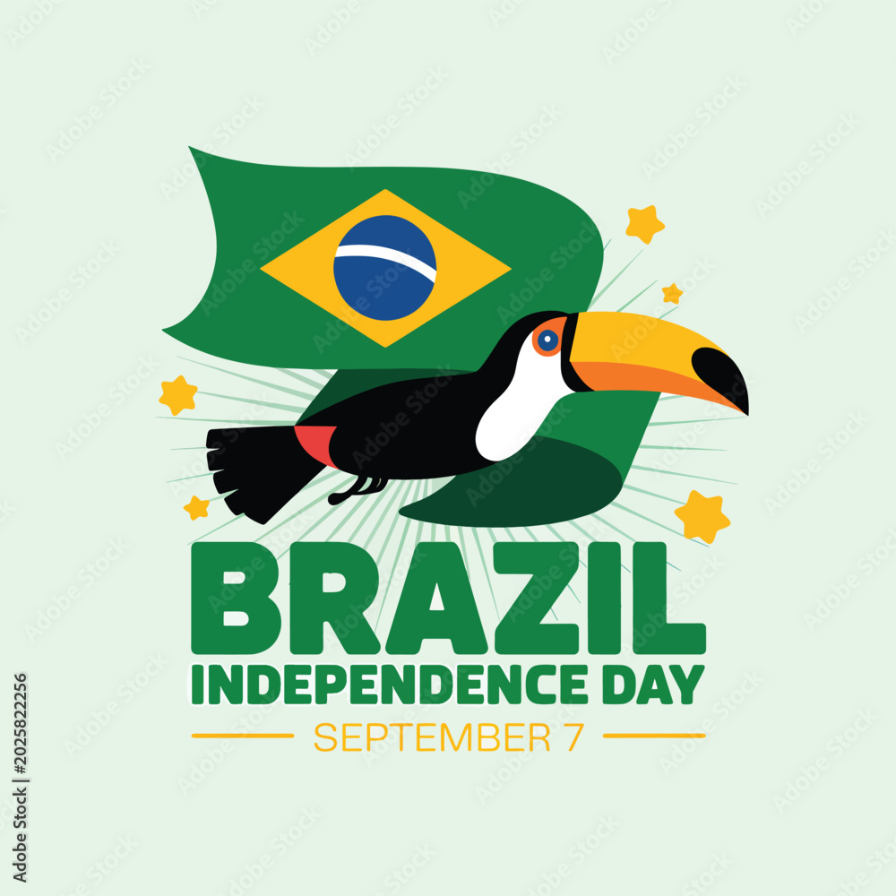 Fototapeta premium Brazil's Independence Day with a toucan, waving the Brazilian flag, and yellow stars on a light green bird