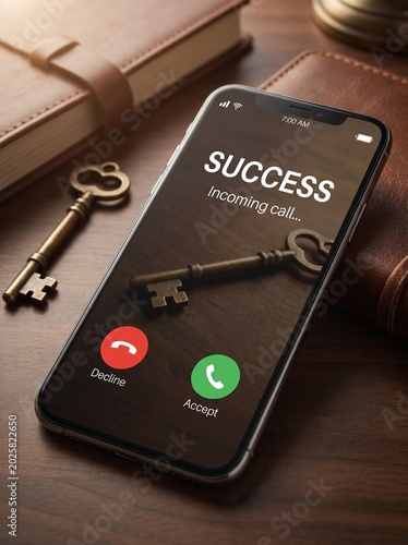 Smartphone on Wooden Table with Incoming Call Screen From Success and Vintage Key Conceptualizing Achievement and Opportunity