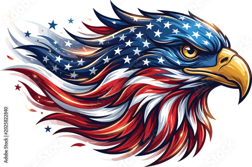 American patriotic bald eagle head vector mascot illustration, featuring dynamic tribal flag stars and stripes