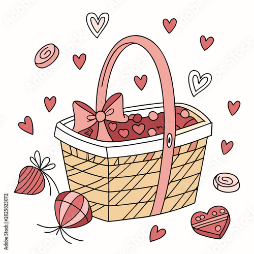 Heart themed picnic basket with gift and sweets.