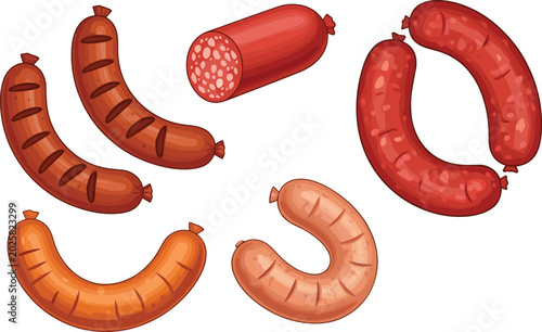 Foto Assorted barbecue sausages and cured salami chubs collection flat vector illustr