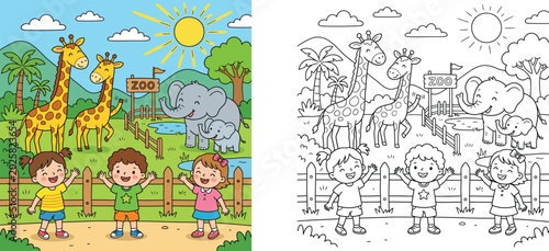 Photography Cartoon Zoo Scene with Happy Children, Giraffes and Elephants, Colored Illustrat