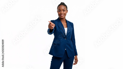 Mulher negra apontando dedo em fundo branco
