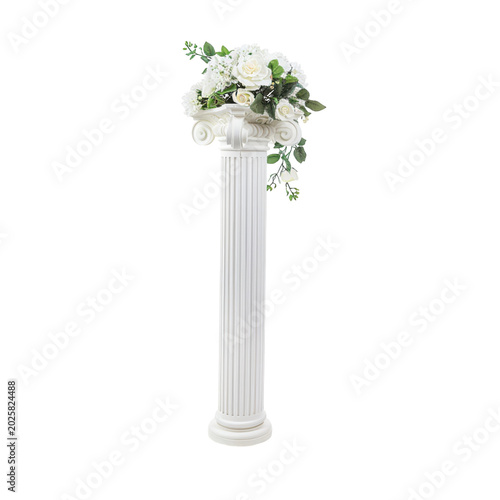 White Corinthian Column with Floral Arrangement on Top capital isolated on a transparent background