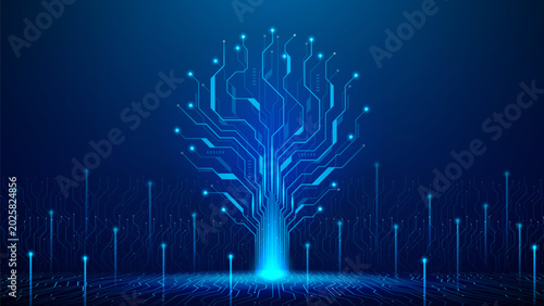 Abstract futuristic digital tree concept. Vector illustration with circuit lines forming data tree. Hi-tech glowing technology tree. Concept of big data visualization, artificial intelligence.