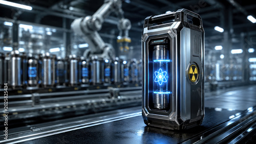 Futuristic nuclear powered mobile battery displayed in advanced battery production facility with blurred industrial background and copy space for text