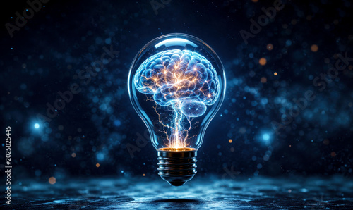 Levitating transparent light bulb with glowing human brain floating on dark blue abstract background