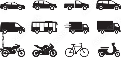 Vehicle Silhouette Vector Icons Set: Cars, Trucks, and Motorcycles