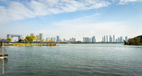 Εκτύπωση καμβά Serene Waterfront View with Urban Skyline and Lush Greenery