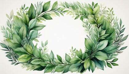 a decorative leafy wreath frame with watercolor style green foliage forming a soft circular border on a white background