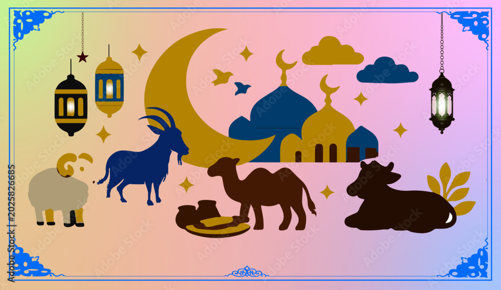 Naklejka premium Eid-ul-Adha Mubarak | Colorful Hand-Drawn | Artistic Illustration with Sacrificial Animals