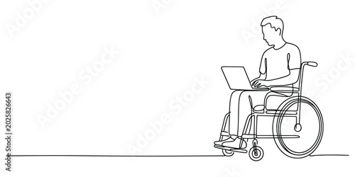 Man in wheelchair using a laptop computer continuous line