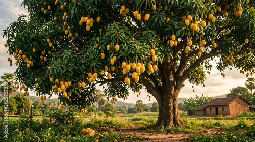 Large mango tree with ripe fruits in rural countryside at golden hour sunlight