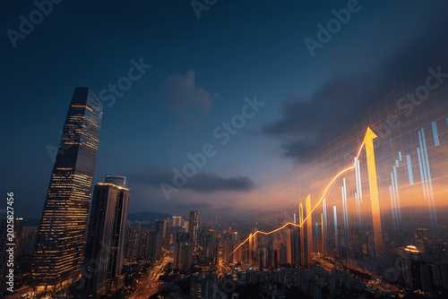 Global Economic Growth: A modern city skyline at dusk, illuminated by glowing upward trend graph, symbolizing financial progress and economic prosperity.