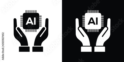 Quadro su tela Human hands cupping and protecting an AI microchip, representing responsible artificial intelligence development, tech care, support, and ethical data safety