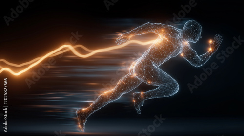 Digital Athlete in Motion: An illuminated, digitally rendered human form streaks forward in a dynamic pose, embodying speed, agility, and the essence of athletic performance.