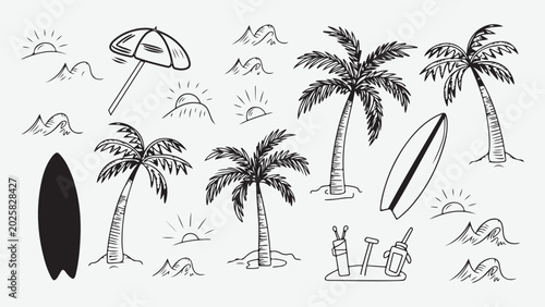 Tableau sur toile Retro beach doodle illustration with sketchy black ink lines, beach icon set