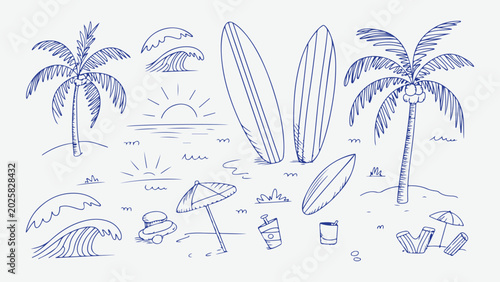 Tableau sur toile Retro beach doodle illustration with sketchy black ink lines, beach icon set