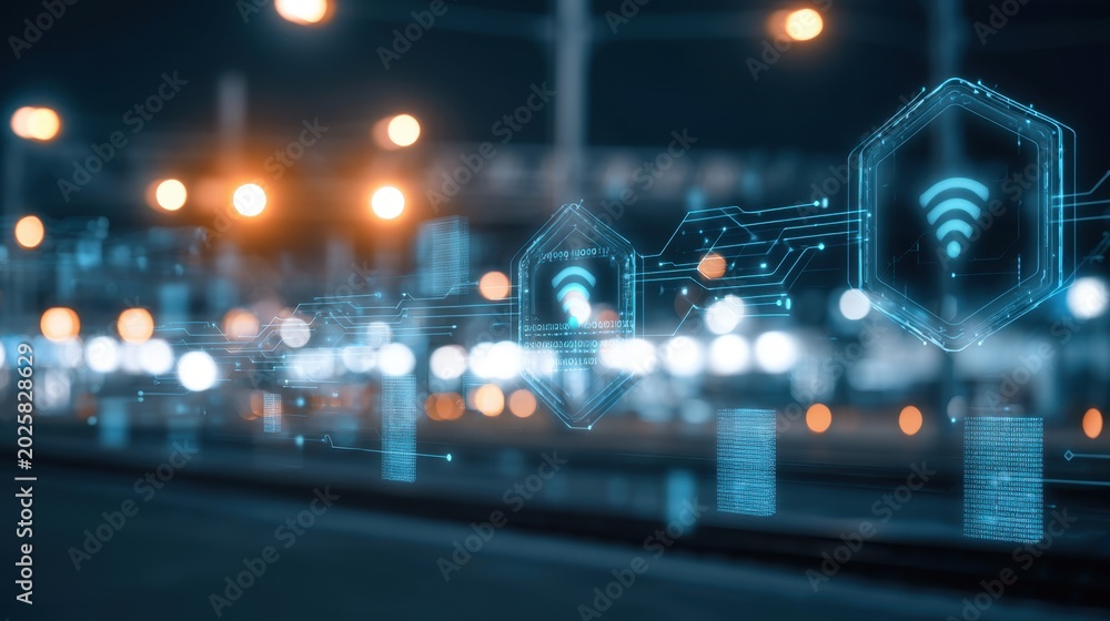 Fototapeta premium Futuristic city street at night with illuminated wireless network symbols and digital data connection concept in blurred background