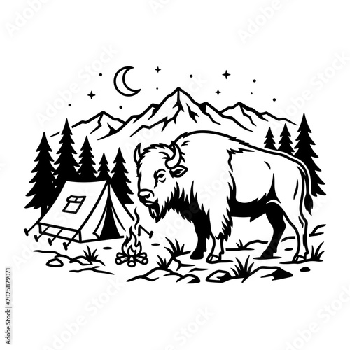 Bison Camping Scene with Mountain Tent