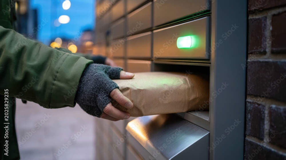 Naklejka premium Person wearing green jacket and gray fingerless gloves retrieving brown paper wrapped parcel from modern metal mailbox in urban evening setting