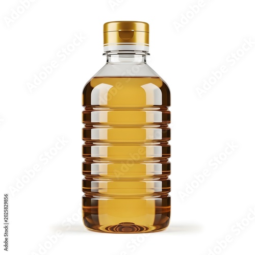 Clear plastic bottle with golden cap filled with amber liquid isolated on white background