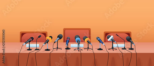 Press conference table. Media interview, breaking news report radio television broadcast room journalist microphones talk public speech journalism qualitative vector illustration