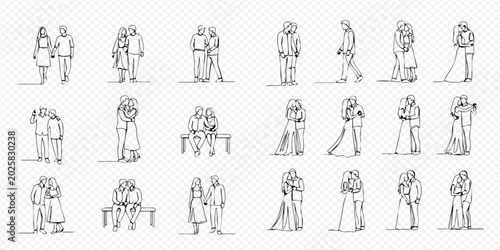 Tableau sur toile Continuous line drawing of couples in various romantic poses and interactions, depicting love, relationship, and togetherness