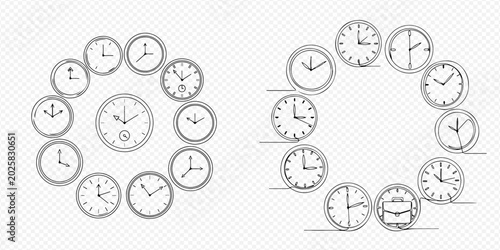 Photos Set of hand-drawn clock faces showing different times, illustrating the concept of time management and deadlines