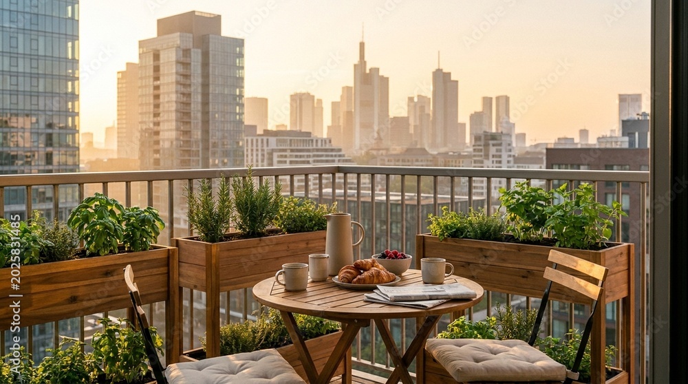 Fototapeta premium Balcony with bistro table and chairs overlooking city
