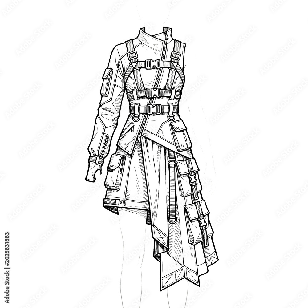 Obraz premium Hand drawn sketch of asymmetric cyberpunk dress isolated on white. Anime style illustration.