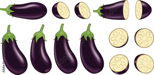 Foto Comprehensive dark purple eggplant vector kit featuring whole aubergines with cr