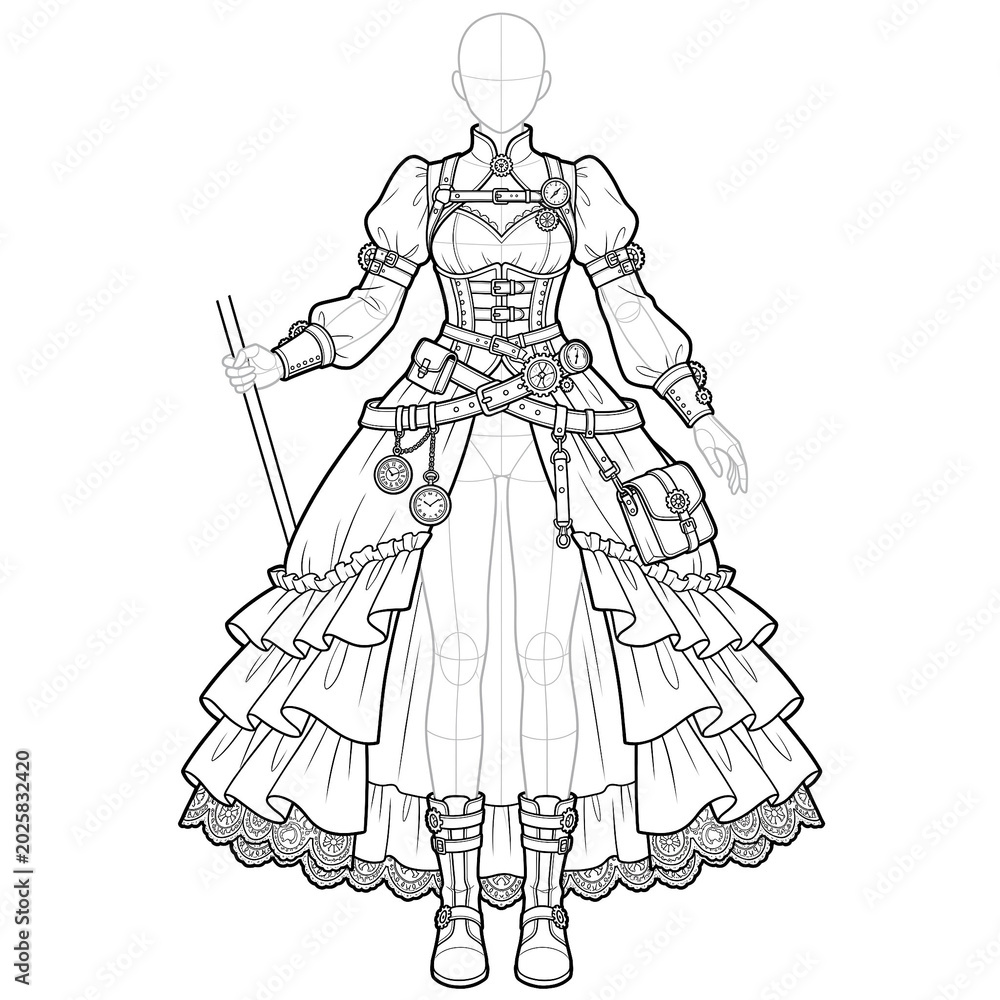 Fototapeta premium Hand drawn sketch of steampunk time mage dress front isolated on white. Anime style.
